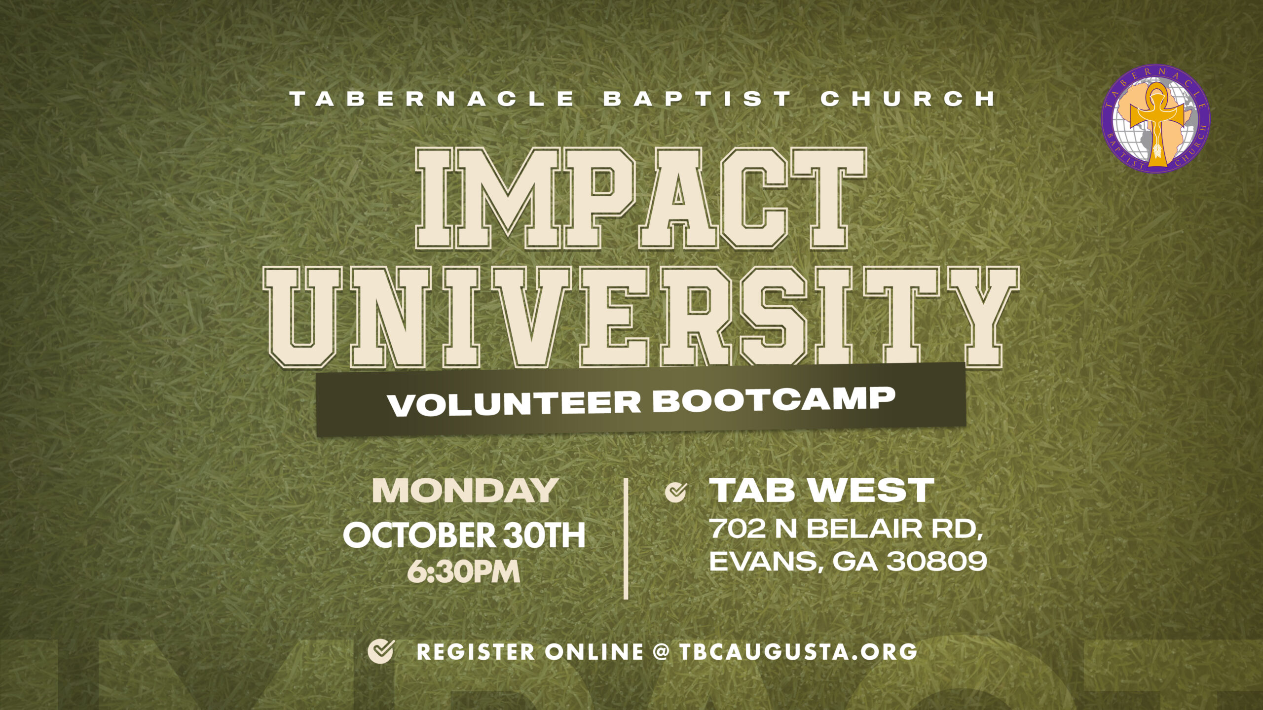 The Words IMPACT University on football field - green background