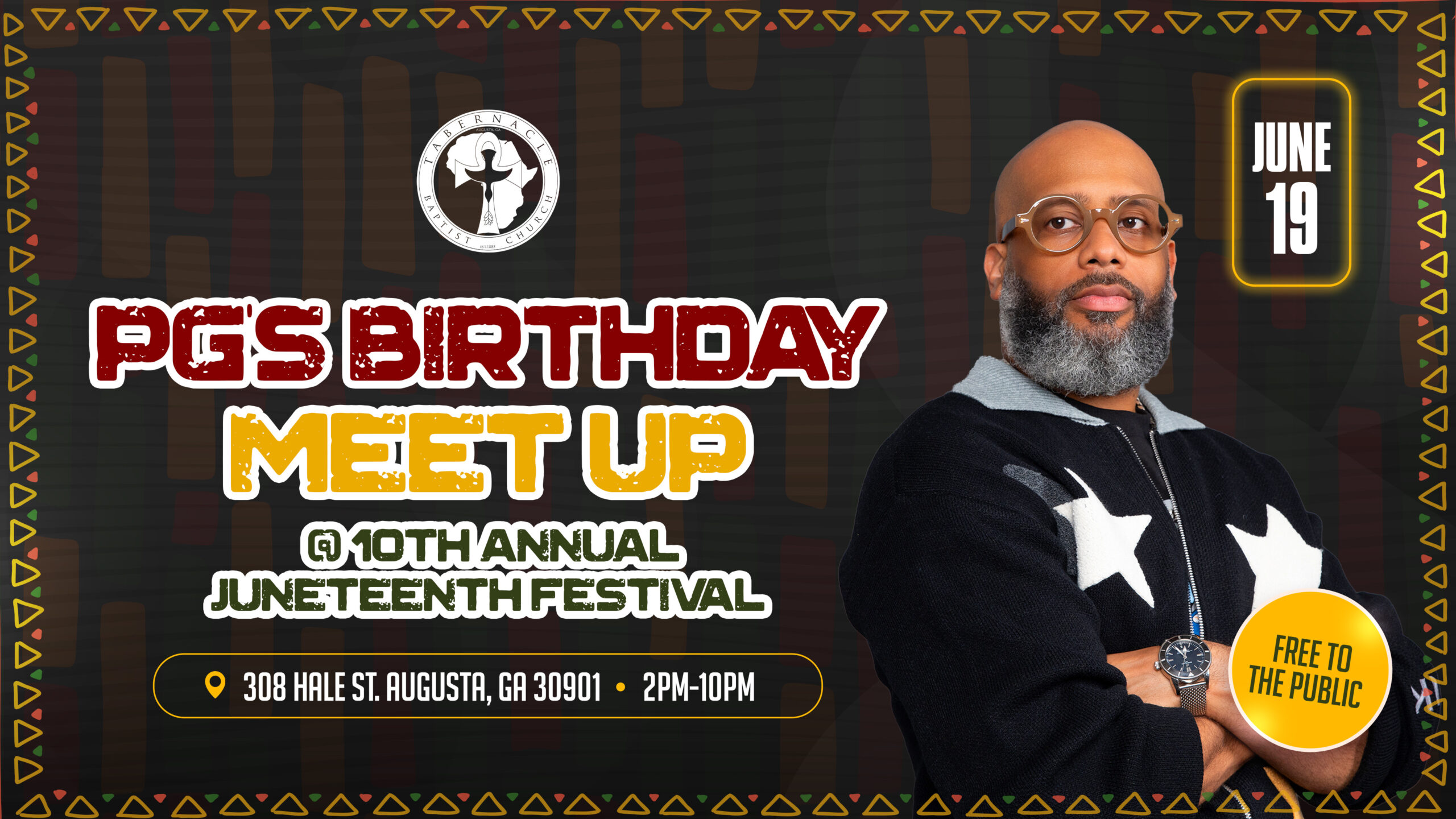 Promotional graphic for “PG’s Birthday Meetup” at the 10th Annual Juneteenth Festival. The design features Pastor Charles Goodman Jr. standing against a patterned background with event details for June 19 in Augusta, Georgia. The graphic notes the event is free to the public and includes the festival location and hours.