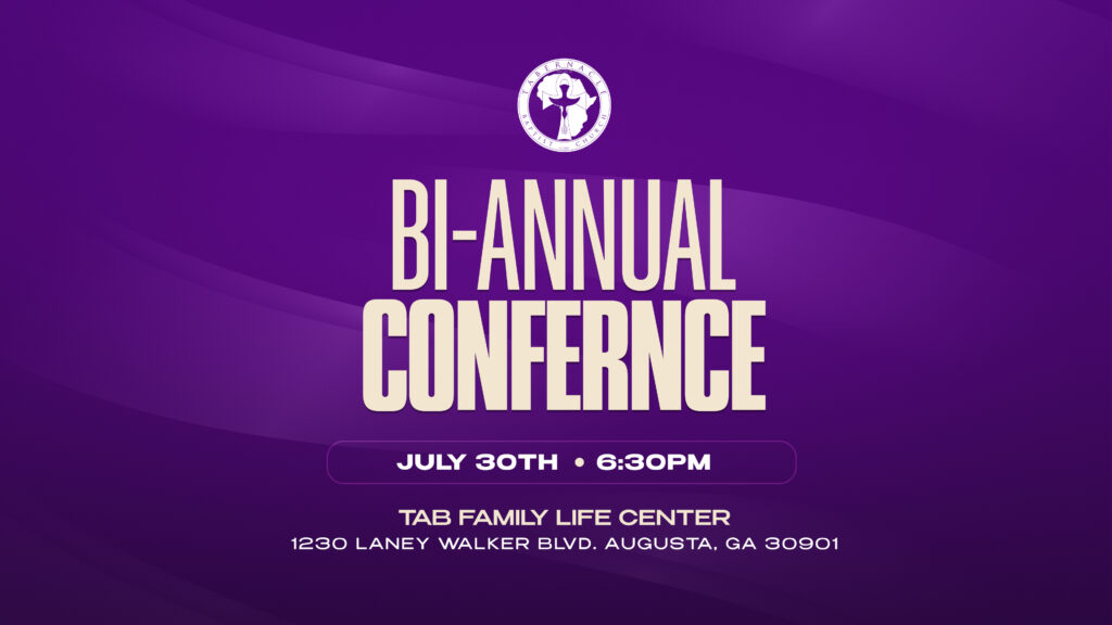 Purple promotional graphic for Tabernacle Baptist Church announcing a “Bi-Annual Conference.” The design features layered purple wave textures with the church logo at the top. Event details read: “July 30th • 6:30PM” at the Tab Family Life Center, 1230 Laney Walker Blvd., Augusta, GA 30901.