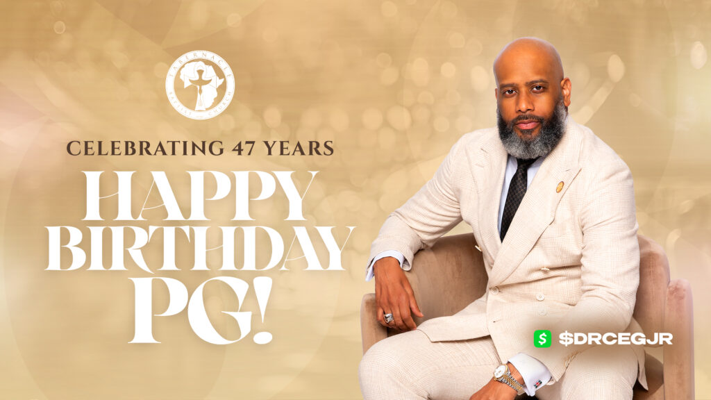 Birthday tribute graphic for Tabernacle Baptist Church celebrating 47 years of Pastor Goodman. The design features a portrait of Pastor Goodman seated in a chair wearing a light-colored suit against a gold background with the message “Celebrating 47 Years – Happy Birthday PG!” and a Cash App giving option displayed in the lower corner.
