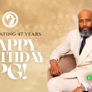 Birthday tribute graphic for Tabernacle Baptist Church celebrating 47 years of Pastor Goodman. The design features a portrait of Pastor Goodman seated in a chair wearing a light-colored suit against a gold background with the message “Celebrating 47 Years – Happy Birthday PG!” and a Cash App giving option displayed in the lower corner.
