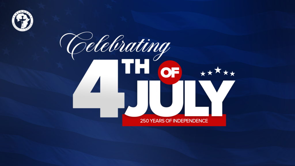 Patriotic graphic for Tabernacle Baptist Church celebrating the Fourth of July and 250 years of American independence. The design features a dark blue American flag background with the text “Celebrating 4th of July” in white and red lettering, along with stars and patriotic accents.
