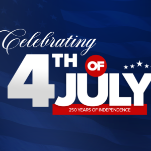 Patriotic graphic for Tabernacle Baptist Church celebrating the Fourth of July and 250 years of American independence. The design features a dark blue American flag background with the text “Celebrating 4th of July” in white and red lettering, along with stars and patriotic accents.