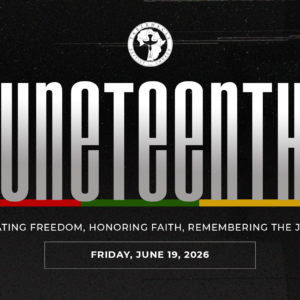Black-themed Juneteenth celebration graphic for Tabernacle Baptist Church featuring bold silver text reading “Juneteenth.” Red, green, and gold accent lines appear beneath the title alongside the message: “Celebrating freedom, honoring faith, remembering the journey.”