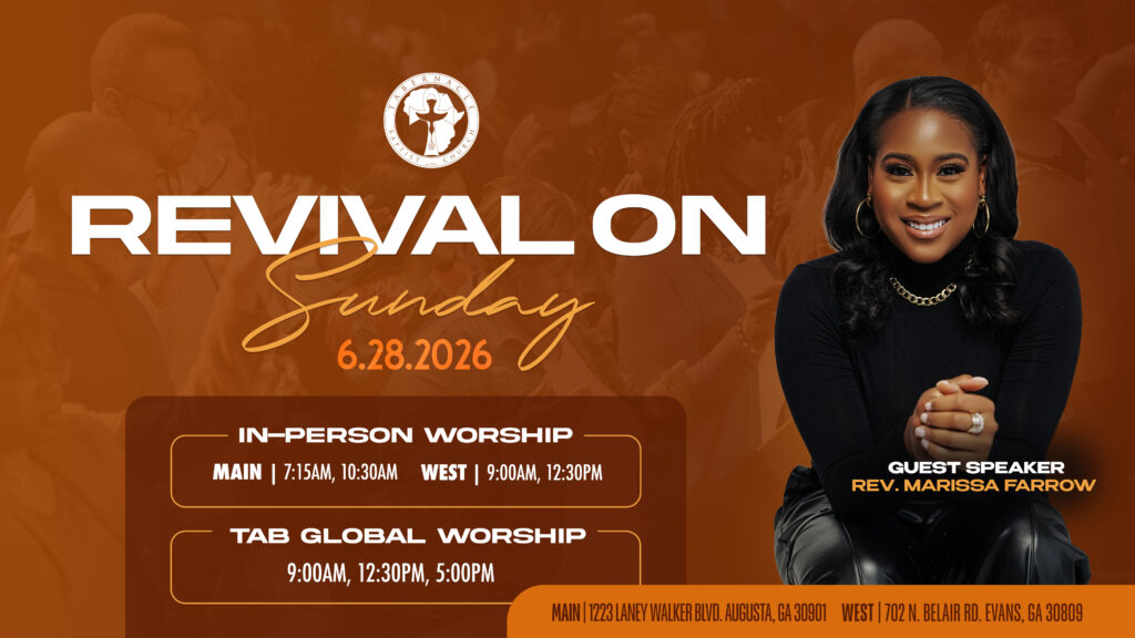 Orange-toned worship graphic for Tabernacle Baptist Church promoting “Revival on Sunday” on June 28, 2026, featuring guest speaker Rev. Marissa Farrow. Service times are listed for in-person worship at Main and West campuses and for Tab Global Worship online.