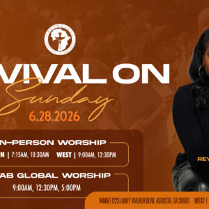 Orange-toned worship graphic for Tabernacle Baptist Church promoting “Revival on Sunday” on June 28, 2026, featuring guest speaker Rev. Marissa Farrow. Service times are listed for in-person worship at Main and West campuses and for Tab Global Worship online.