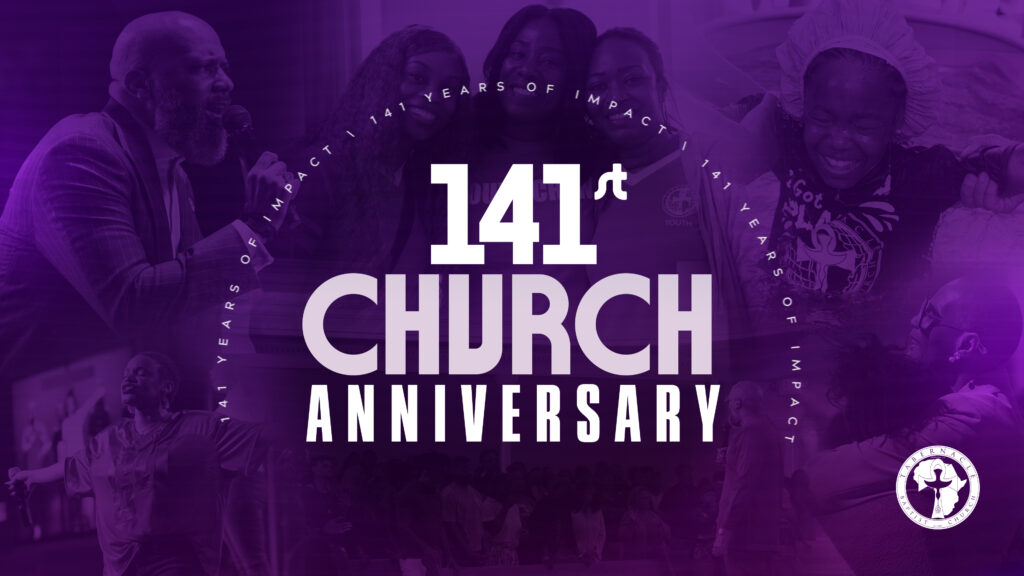 Promotional graphic for Tabernacle Baptist Church celebrating its 141st Church Anniversary. The design features a purple collage of worship, fellowship, baptism, and community moments with the church logo and the message, “141st Church Anniversary,” highlighting 141 years of impact.