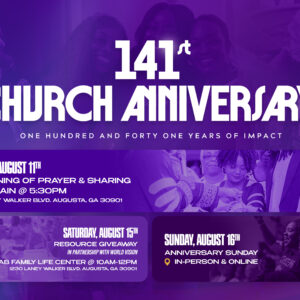 Purple event graphic for Tabernacle Baptist Church celebrating its 141st Church Anniversary with the theme "One Hundred and Forty-One Years of Impact." The graphic highlights anniversary week events: Tuesday, August 11 – An Evening of Prayer & Sharing at Tab Main at 5:30 PM; Saturday, August 15 – Resource Giveaway in partnership with World Vision at the Tab Family Life Center from 10:00 AM–12:00 PM; and Sunday, August 16 – Anniversary Sunday with in-person and online worship. The background features photos of worship, fellowship, and community outreach.