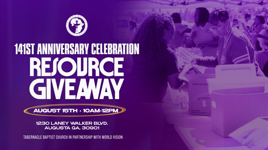 Purple promotional graphic for Tabernacle Baptist Church announcing its 141st Anniversary Celebration Resource Giveaway. The graphic features volunteers distributing supplies and highlights the event on Saturday, August 15, from 10:00 AM–12:00 PM at 1230 Laney Walker Blvd., Augusta, GA 30901. The event is presented in partnership with World Vision.