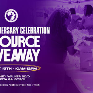 Purple promotional graphic for Tabernacle Baptist Church announcing its 141st Anniversary Celebration Resource Giveaway. The graphic features volunteers distributing supplies and highlights the event on Saturday, August 15, from 10:00 AM–12:00 PM at 1230 Laney Walker Blvd., Augusta, GA 30901. The event is presented in partnership with World Vision.