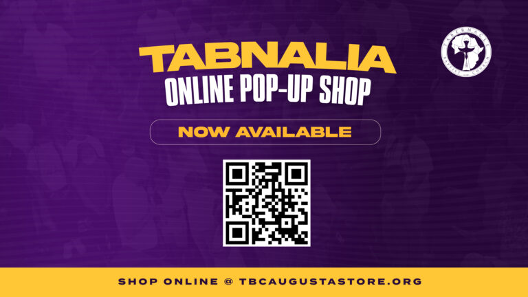 Promotional graphic for Tabernacle Baptist Church announcing the Tabnalia Pop-Up Shop. The design features a purple textured background with the church logo, bold gold and white lettering reading “Tabnalia Online Store – Now Available,” a QR code for easy access, and the message “Shop Online @ TBCAugusta.org.”