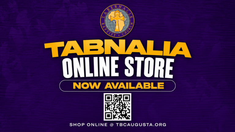 Promotional graphic for Tabernacle Baptist Church announcing the Tabnalia Online Store. The design features a purple textured background with the church logo, bold gold and white lettering reading “Tabnalia Online Store – Now Available,” a QR code for easy access, and the message “Shop Online @ TBCAugusta.org.”