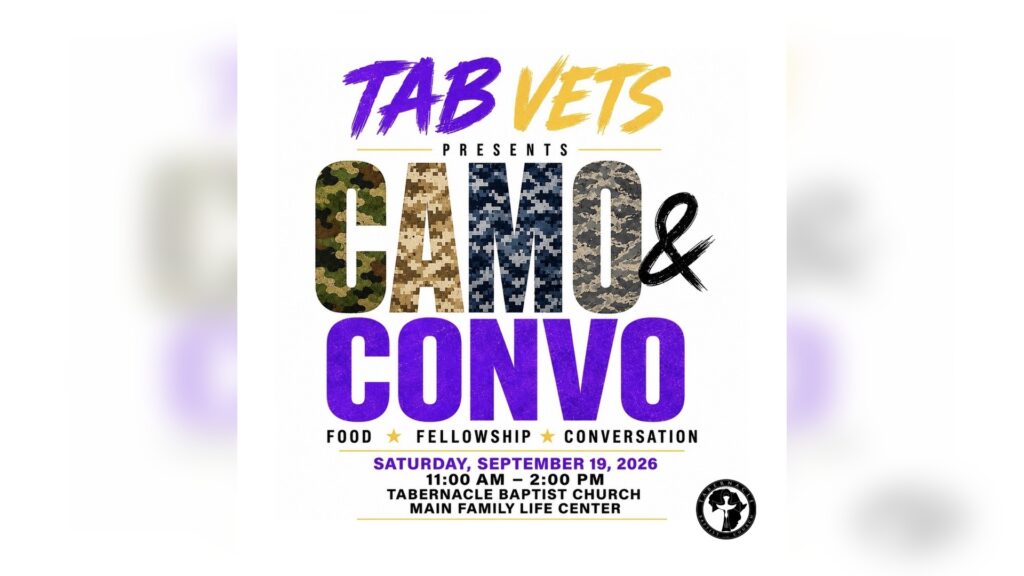 TAB Vets presents Camo & Convo, featuring food, fellowship, and conversation on Saturday, September 19, 2026, from 11:00 AM–2:00 PM at the Tabernacle Baptist Church Main Family Life Center.