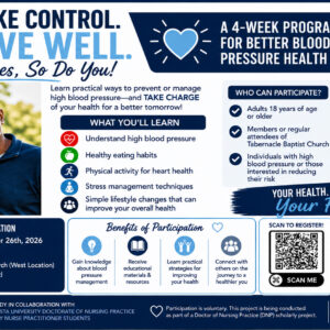 Take Control. Live Well. flyer promoting a free four-week blood pressure health education program at Tabernacle Baptist Church. The program covers understanding high blood pressure, healthy eating, physical activity, stress management, and lifestyle changes. The study takes place Saturday, September 26, 2026, from 8:00 AM–12:00 PM at Tabernacle Baptist Church West Location, 702 North Belair Road, Evans, GA. The flyer includes participation requirements, program benefits, contact information, and a QR code to learn more or register.