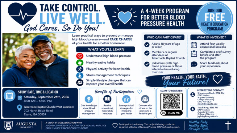 Take Control. Live Well. flyer promoting a free four-week blood pressure health education program at Tabernacle Baptist Church. The program covers understanding high blood pressure, healthy eating, physical activity, stress management, and lifestyle changes. The study takes place Saturday, September 26, 2026, from 8:00 AM–12:00 PM at Tabernacle Baptist Church West Location, 702 North Belair Road, Evans, GA. The flyer includes participation requirements, program benefits, contact information, and a QR code to learn more or register.