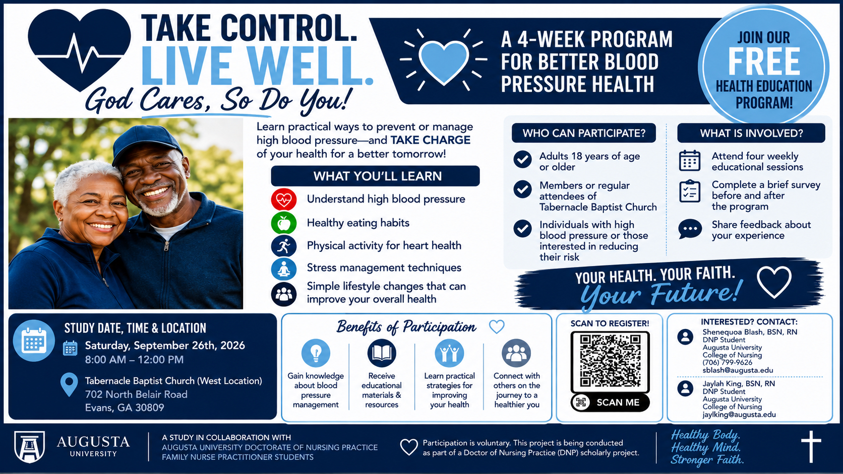 Take Control. Live Well. flyer promoting a free four-week blood pressure health education program at Tabernacle Baptist Church. The program covers understanding high blood pressure, healthy eating, physical activity, stress management, and lifestyle changes. The study takes place Saturday, September 26, 2026, from 8:00 AM–12:00 PM at Tabernacle Baptist Church West Location, 702 North Belair Road, Evans, GA. The flyer includes participation requirements, program benefits, contact information, and a QR code to learn more or register.