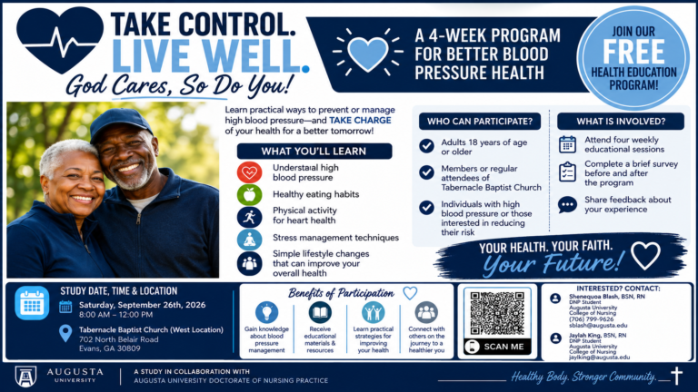 Take Control. Live Well. flyer promoting a free four-week blood pressure health education program at Tabernacle Baptist Church. The program covers understanding high blood pressure, healthy eating, physical activity, stress management, and lifestyle changes. The study takes place Saturday, September 26, 2026, from 8:00 AM–12:00 PM at Tabernacle Baptist Church West Location, 702 North Belair Road, Evans, GA. The flyer includes participation requirements, program benefits, contact information, and a QR code to learn more or register.